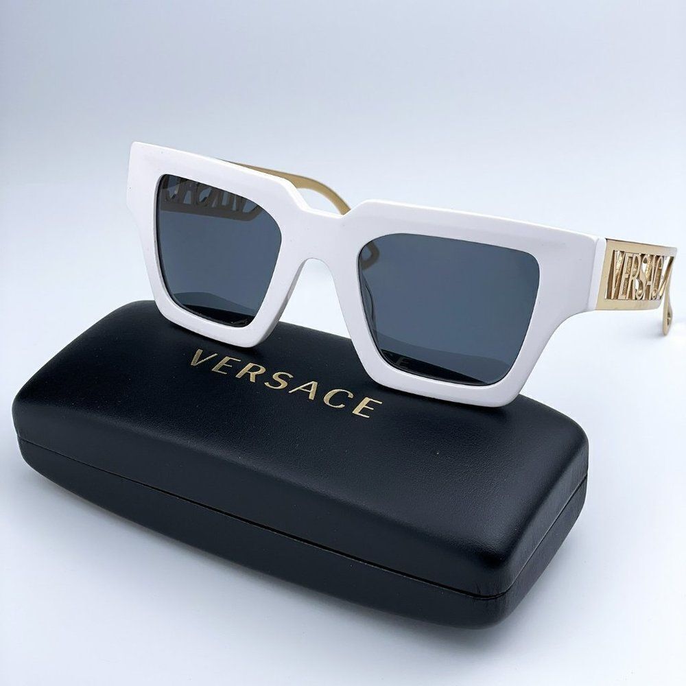 NEW Versace VE4431 401/87 White Gold Logo Dark Grey Square Women Sunglasses - Picture 2 of 12